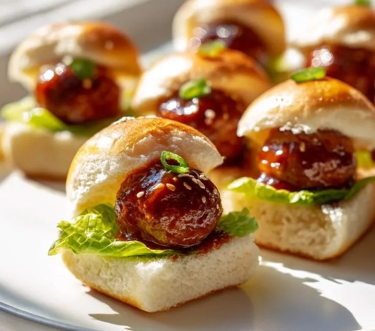 Korean BBQ Beef Meatball Sliders served on a platter with fresh veggies
