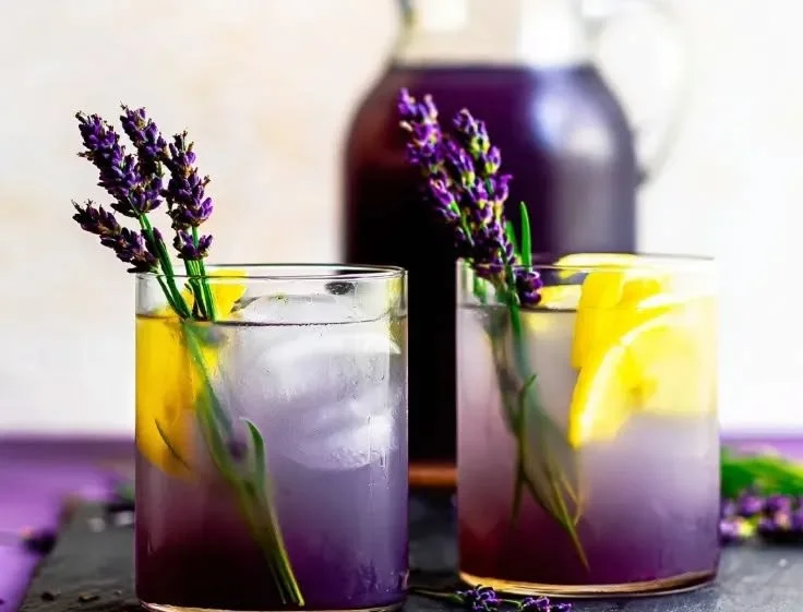 Refreshing lavender lemonade mocktail served in a glass with lemon slices