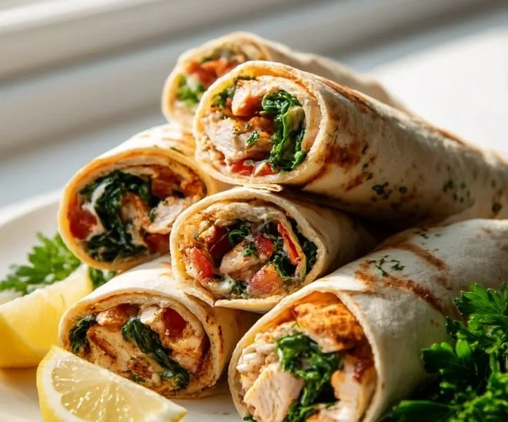 Lemon Herb Chicken Wraps filled with fresh vegetables and herbs