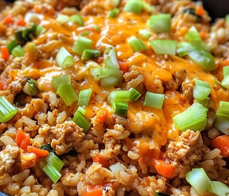 Healthy Lighter Buffalo Chicken and Rice Skillet dish served in a skillet