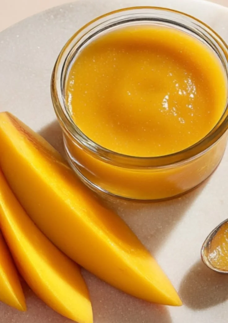 Homemade mango sauce in a bowl with fresh mango slices
