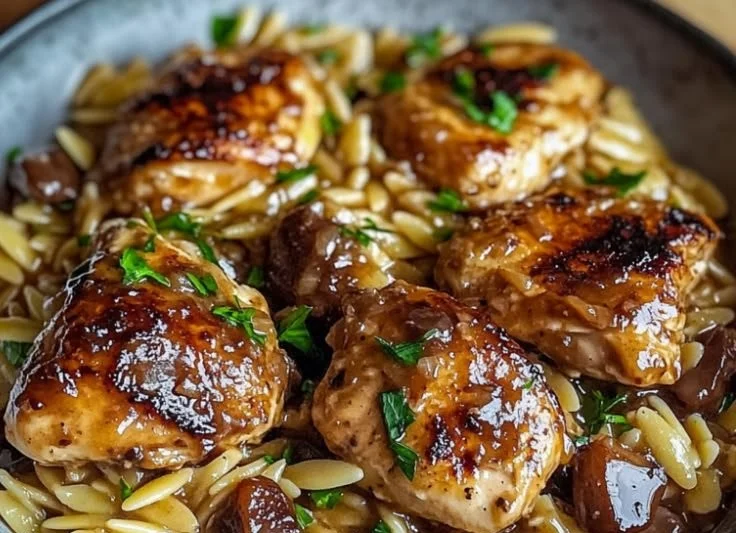 Plate of Marsala Chicken served with orzo pasta and garnished with herbs