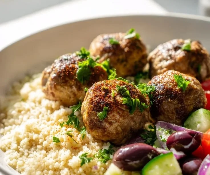 Mediterranean beef meatball bowl with fresh vegetables and sauces