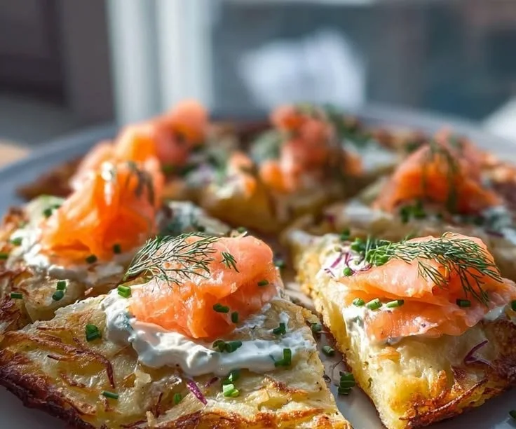 Delicious potato pizza topped with salmon and fresh herbs.