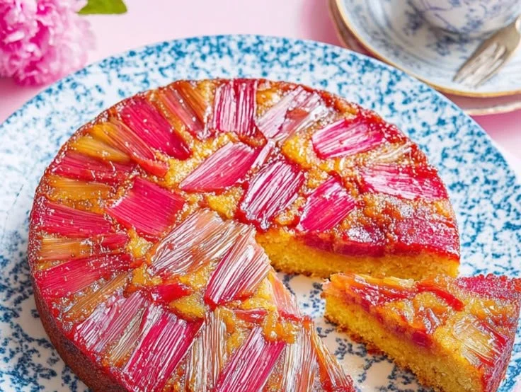 Rhubarb upside down cake with vibrant rhubarb topping and moist cake layer.