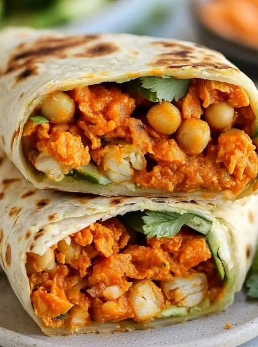 Spicy Buffalo Chickpea Wraps on a plate garnished with fresh vegetables