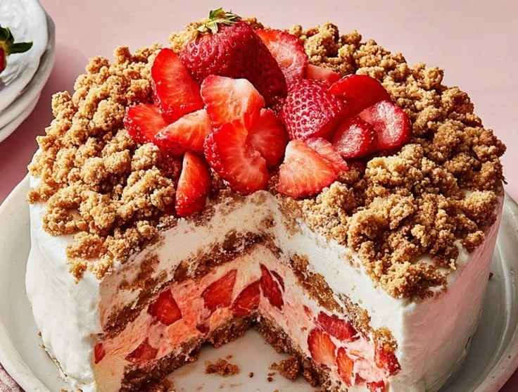 Delicious strawberry crunch dessert with fresh strawberries and crunchy topping.