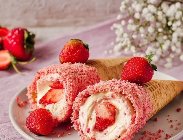 Strawberry crunch cheesecake cones topped with crushed cookies