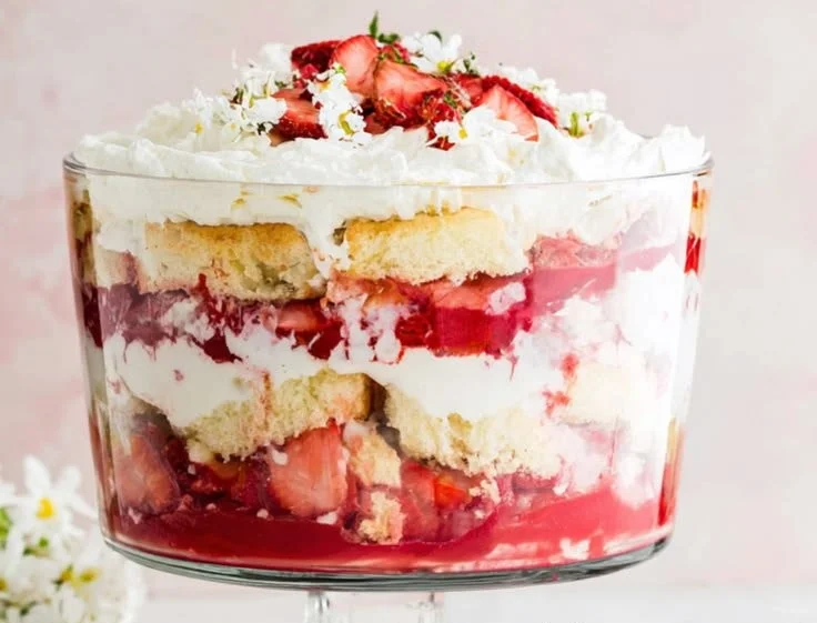 Delicious Strawberry Shortcake Trifle with layers of cream and strawberries