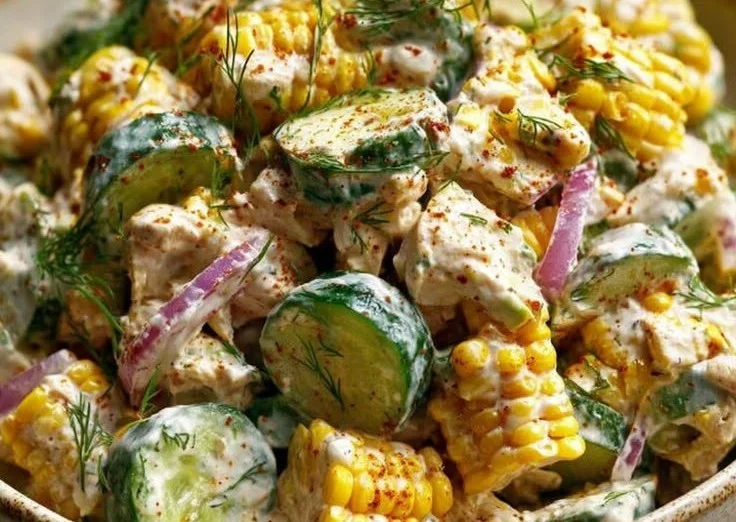 Street Corn Creamy Cucumber Chicken Salad with vibrant vegetables and creamy dressing