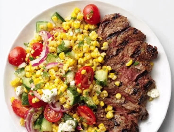Summer steak salad bowl with grilled corn and fresh vegetables