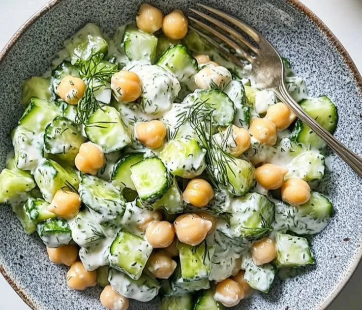 Delicious Tzatziki Chickpea Salad with fresh ingredients and creamy dressing