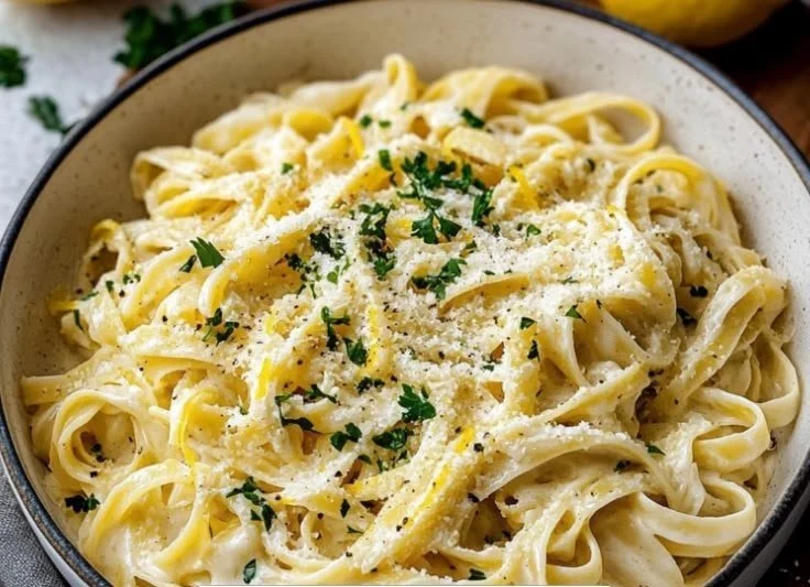 Creamy lemon pasta served in a bowl with fresh parsley and lemon slices