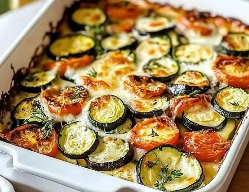 Delicious baked zucchini casserole dish topped with cheese and herbs