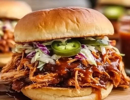 Delicious BBQ Pulled Chicken served on a bun with sauce and coleslaw