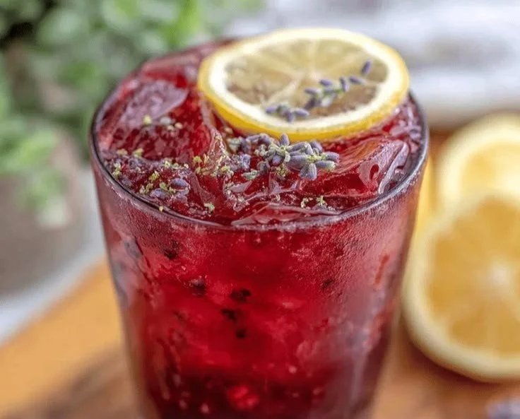 Glass of Blueberry Lavender Lemonade with fresh blueberries and lavender sprigs
