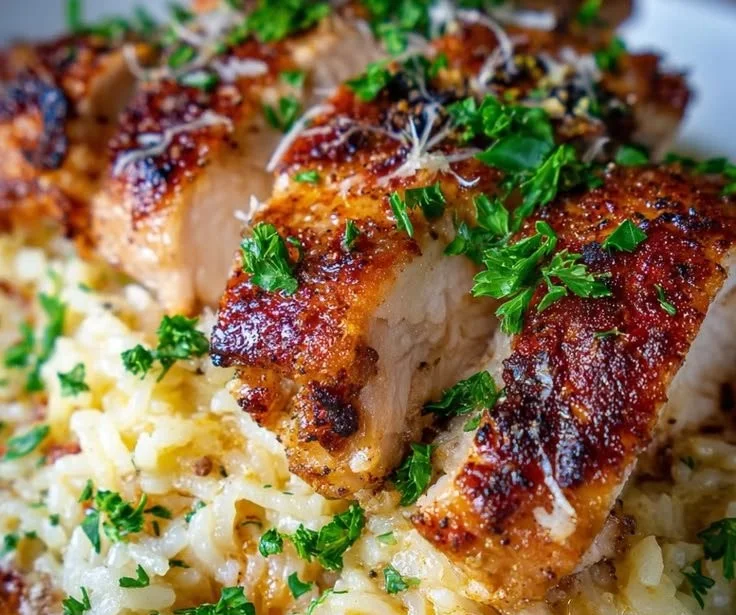 Delicious bold smoky garlic parmesan chicken served over rice platter