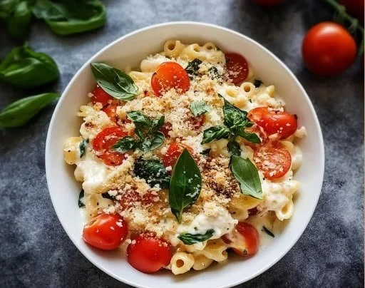 A bowl of creamy Caprese Mac and Cheese with tomatoes and basil topping.
