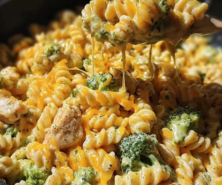 Cheesy Ranch Chicken Pasta Skillet with broccoli in a pan