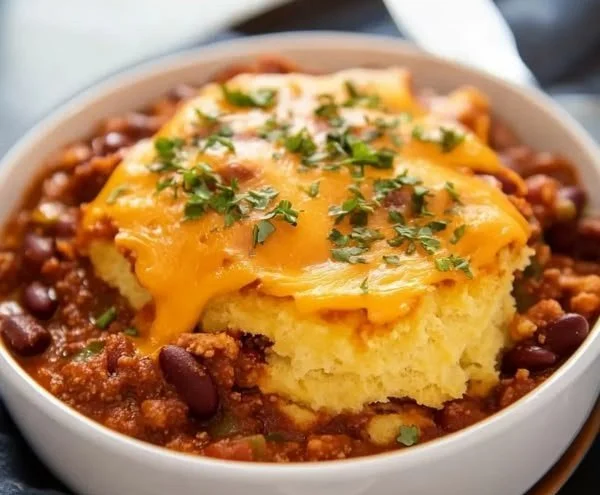 Delicious Chili Cheese Biscuit Bake served on a plate with melted cheese and chili.