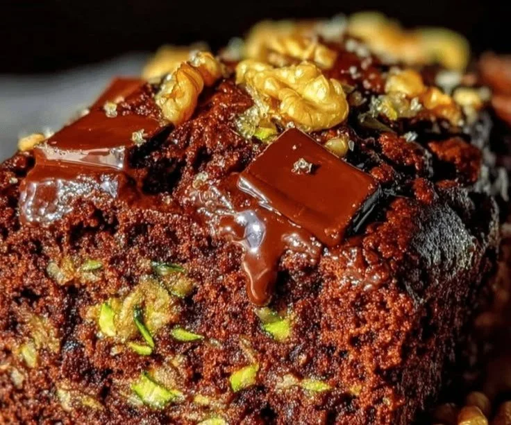 Moist chocolate zucchini bread slice with chocolate chips on a wooden surface