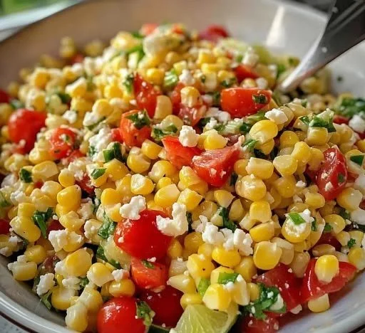 Bowl of fresh corn salad with colorful veggies and dressing