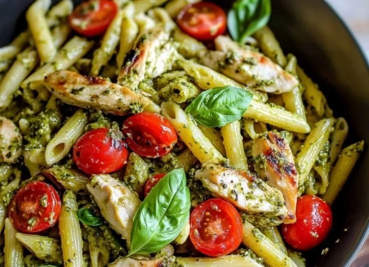 Creamy pesto pasta with chicken and tomatoes served in a bowl