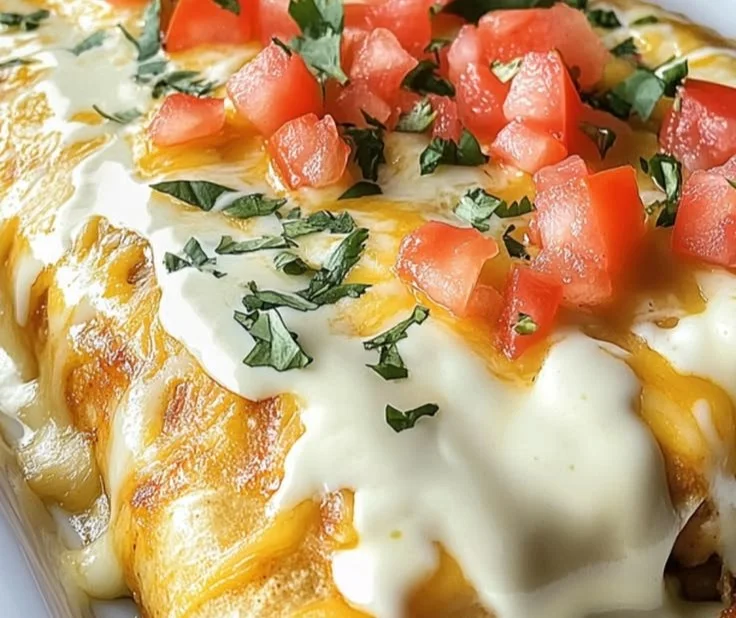 Creamy queso chicken enchiladas topped with cheese and fresh cilantro