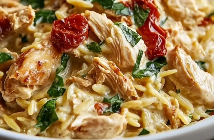 Creamy Slow Cooker Tuscan Chicken Orzo