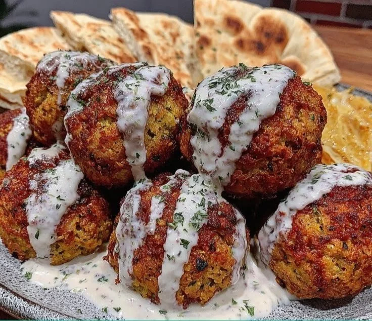 Crispy baked falafel served with herbed tahini sauce in a bowl