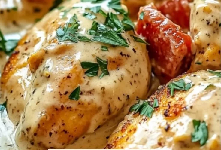 Crock Pot Bacon Ranch Chicken served with fresh herbs on a rustic plate