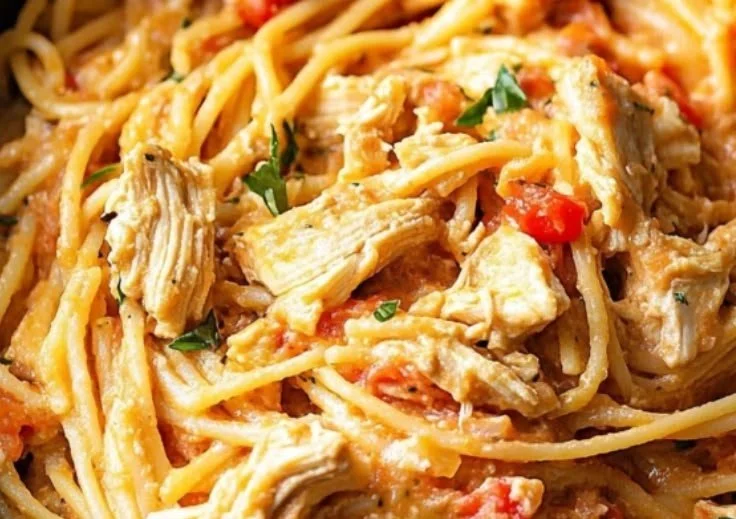 Plate of creamy CrockPot Chicken Spaghetti with vegetables and cheese