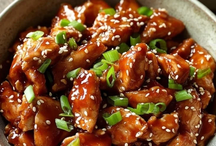 Delicious Crockpot Sesame Chicken served with rice and vegetables.