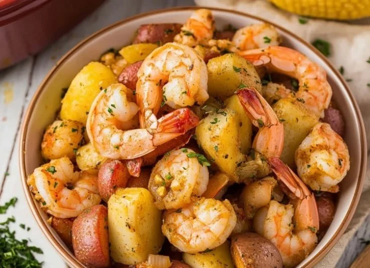 Delicious CrockPot shrimp boil with shrimp, corn, and spices in a bowl