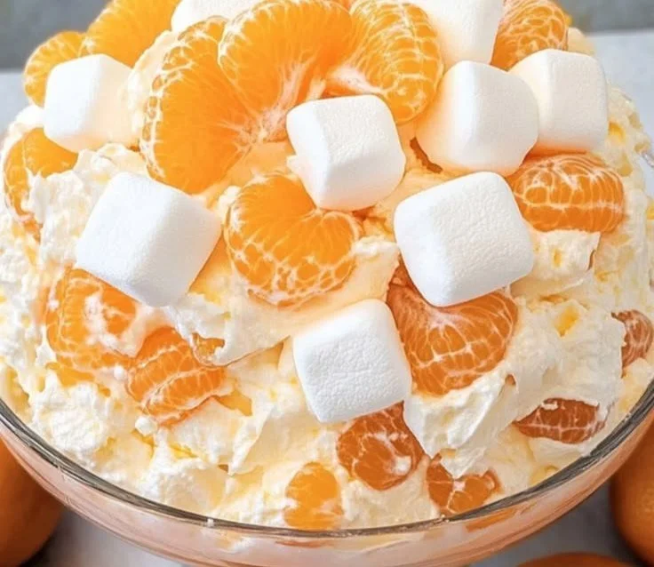 Bowl of delicious orange creamsicle salad with fruit and whipped cream.