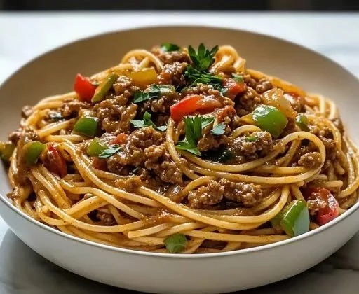Plate of Dirty Spaghetti topped with herbs and spices
