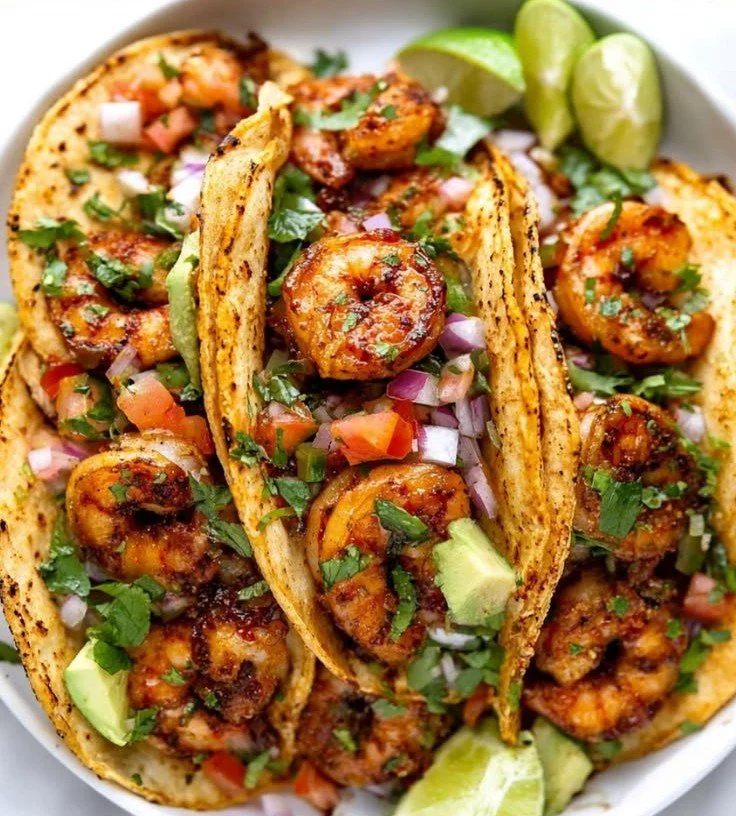 Delicious easy shrimp tacos served with fresh toppings and lime