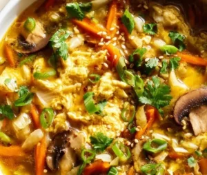Delicious bowl of Egg Roll Soup garnished with vegetables and herbs