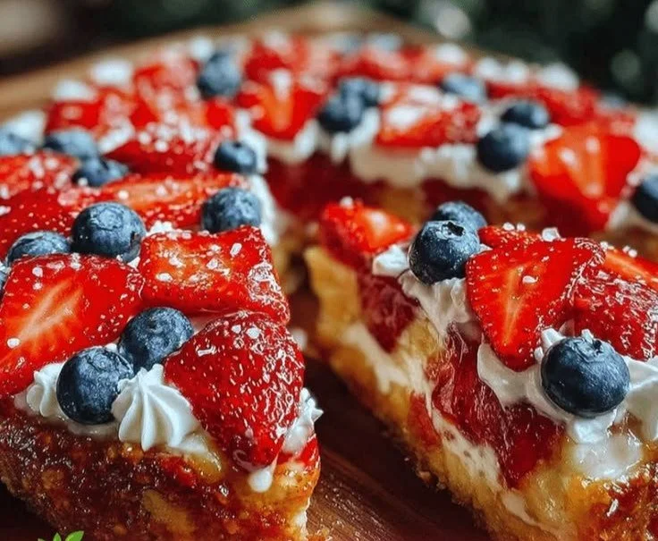Colorful flag fruit pizza topped with an array of fresh fruits on a sweet crust.