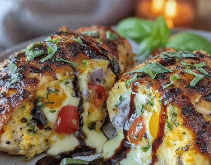 Delicious Caprese stuffed chicken breast with mozzarella, tomatoes, and balsamic reduction