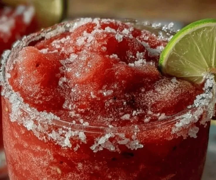 Frozen Watermelon Margarita in a glass with fresh watermelon slices