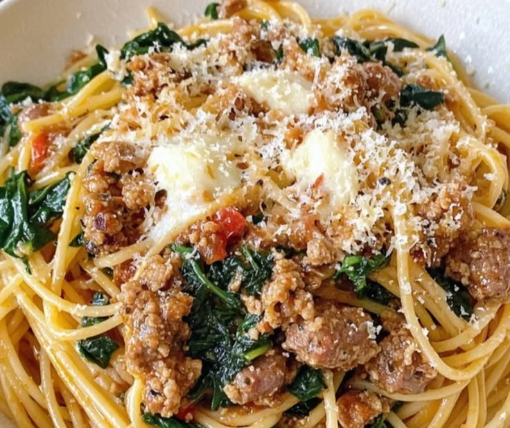 Delicious garlic butter spaghetti with cheesy Italian sausage and fresh spinach