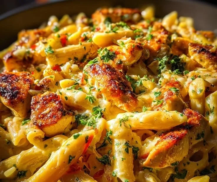 Garlic butter chicken pasta with white cheddar sauce and fresh herbs.