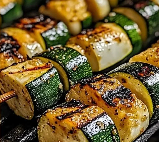 Garlic butter zucchini skewers grilled to perfection.