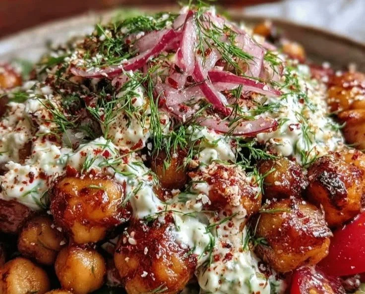 Delicious Greek Chickpea Bowls topped with fresh vegetables and feta cheese