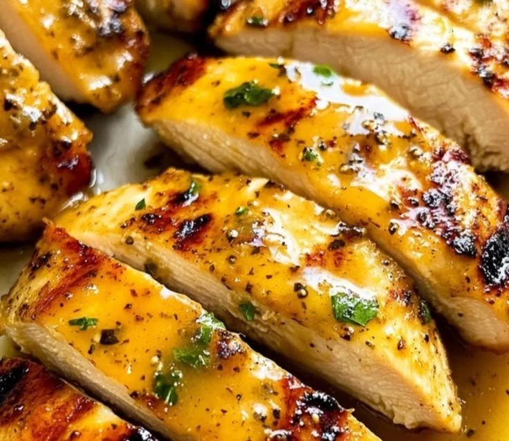 Grilled honey mustard chicken served on a plate garnished with herbs.