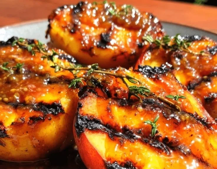 Grilled peaches topped with brown butter honey sauce on a plate