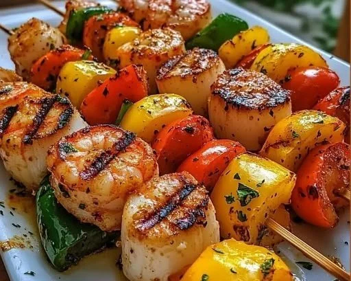 Colorful grilled seafood skewers featuring shrimp, scallops, and vegetables
