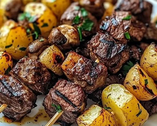 Grilled steak and potato kabobs skewered for a delicious BBQ meal.