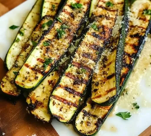 Delicious grilled zucchini slices on a platter, perfect for summer meals